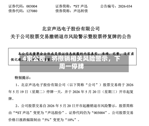 4家公司，将撤销相关风险警示，下周一停牌
